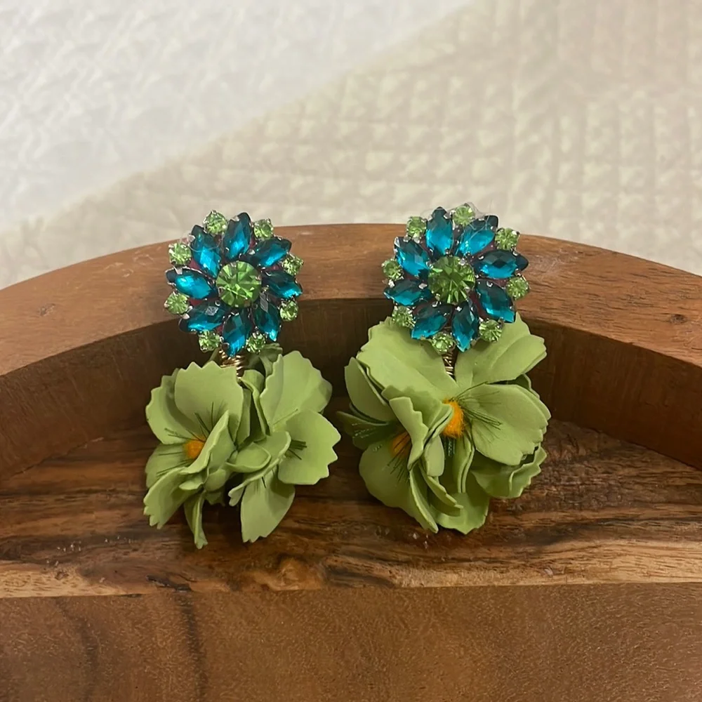 Teal blue lime green crystal flower statement beaded earrings Anthropologie